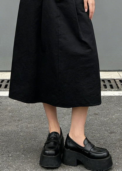 Stylish Black Pockets Wrinkled Denim Skirt Spring