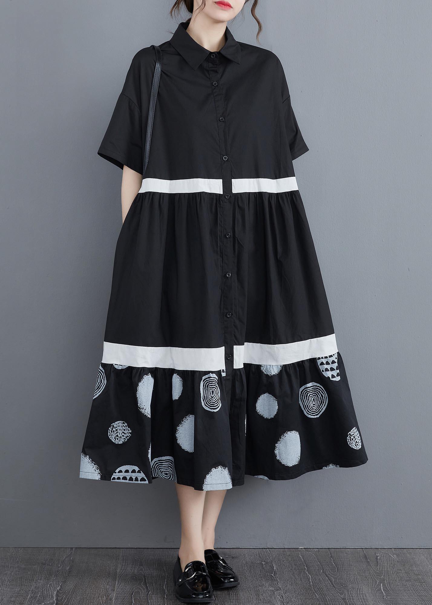 Stylish Black Print Cotton Patchwork A Line Summer Long Dress - SooLinen