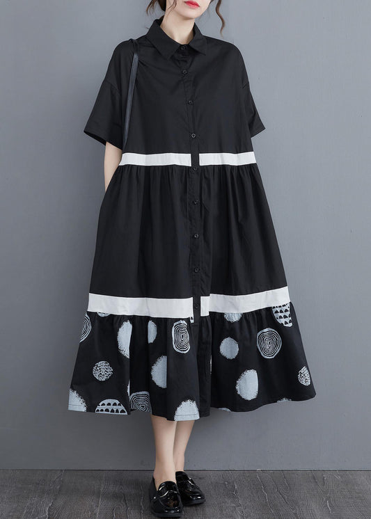 Stylish Black Print Cotton Patchwork A Line Summer Long Dress - SooLinen