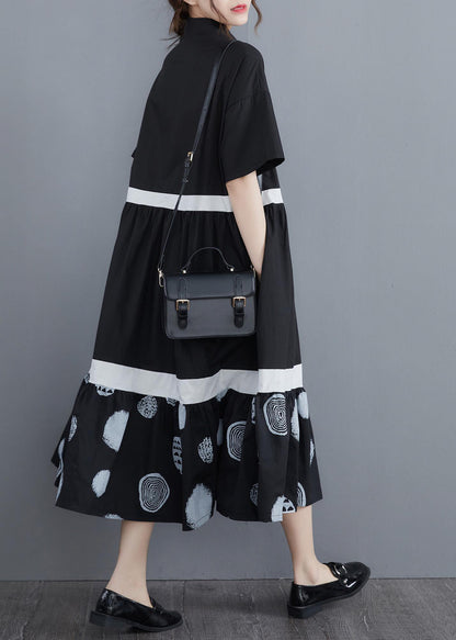 Stylish Black Print Cotton Patchwork A Line Summer Long Dress - SooLinen