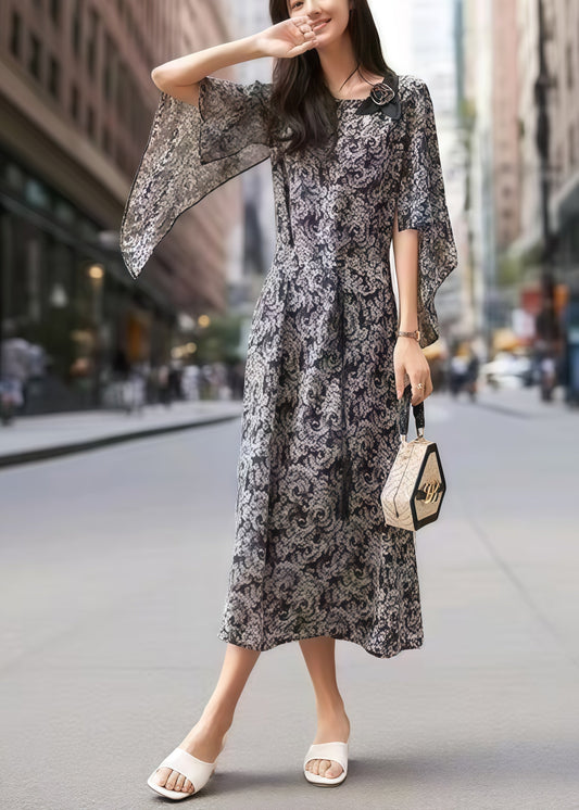 Stylish Black Print Flower Decorated Silk Dress Cloak Sleeves