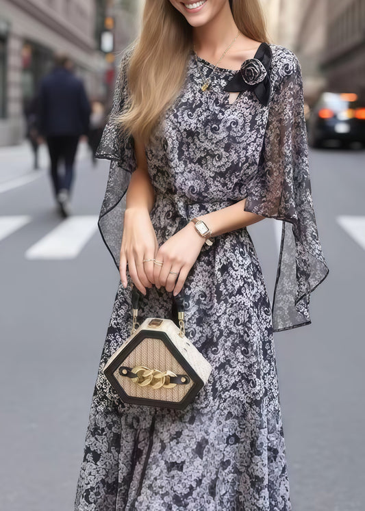 Stylish Black Print Flower Decorated Silk Dress Cloak Sleeves