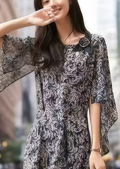 Stylish Black Print Flower Decorated Silk Dress Cloak Sleeves