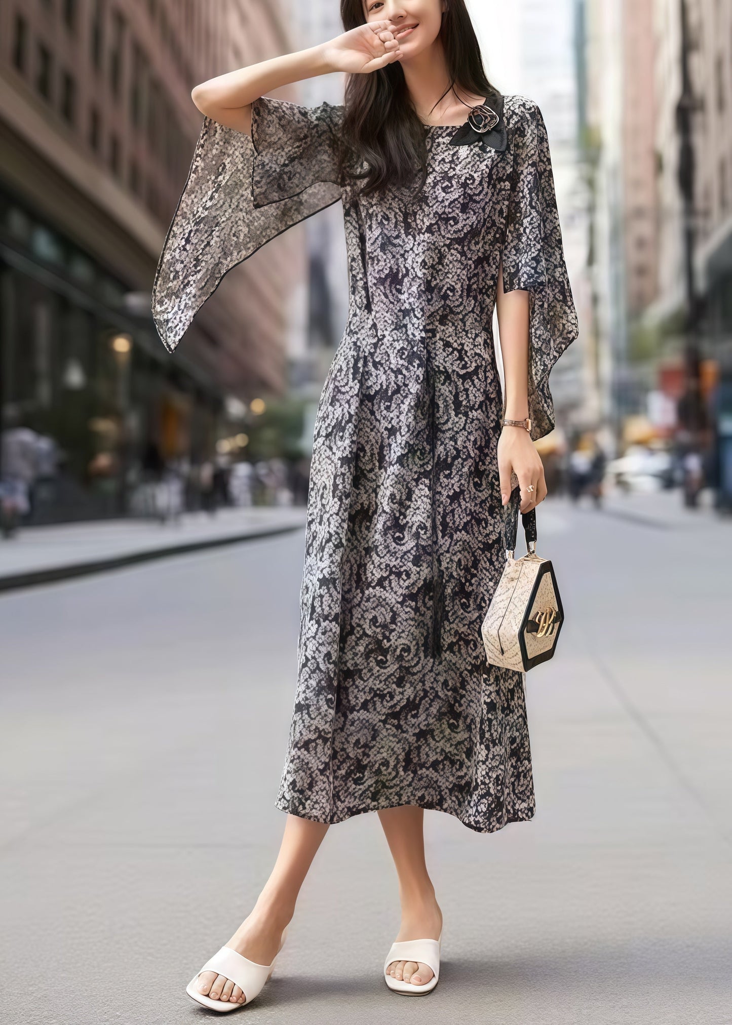 Stylish Black Print Flower Decorated Silk Dress Cloak Sleeves