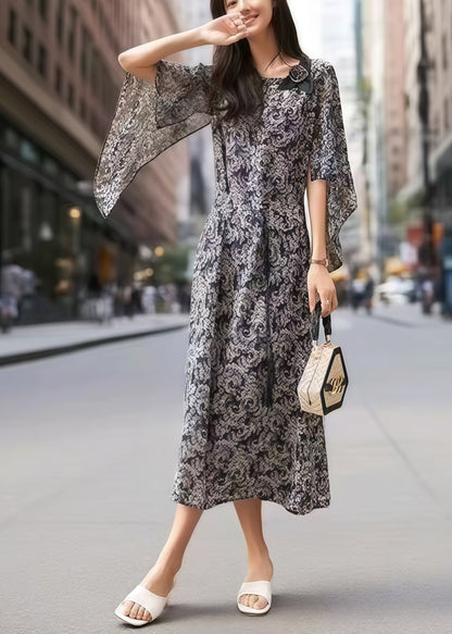 Stylish Black Print Flower Decorated Silk Dress Cloak Sleeves