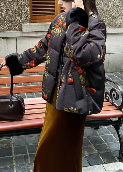 Stylish Black Print Patchwork Mink Hair Duck Down Jacket Winter