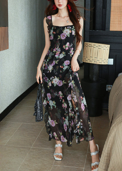 Stylish Black Print Side Open Chiffon Long Dress Summer