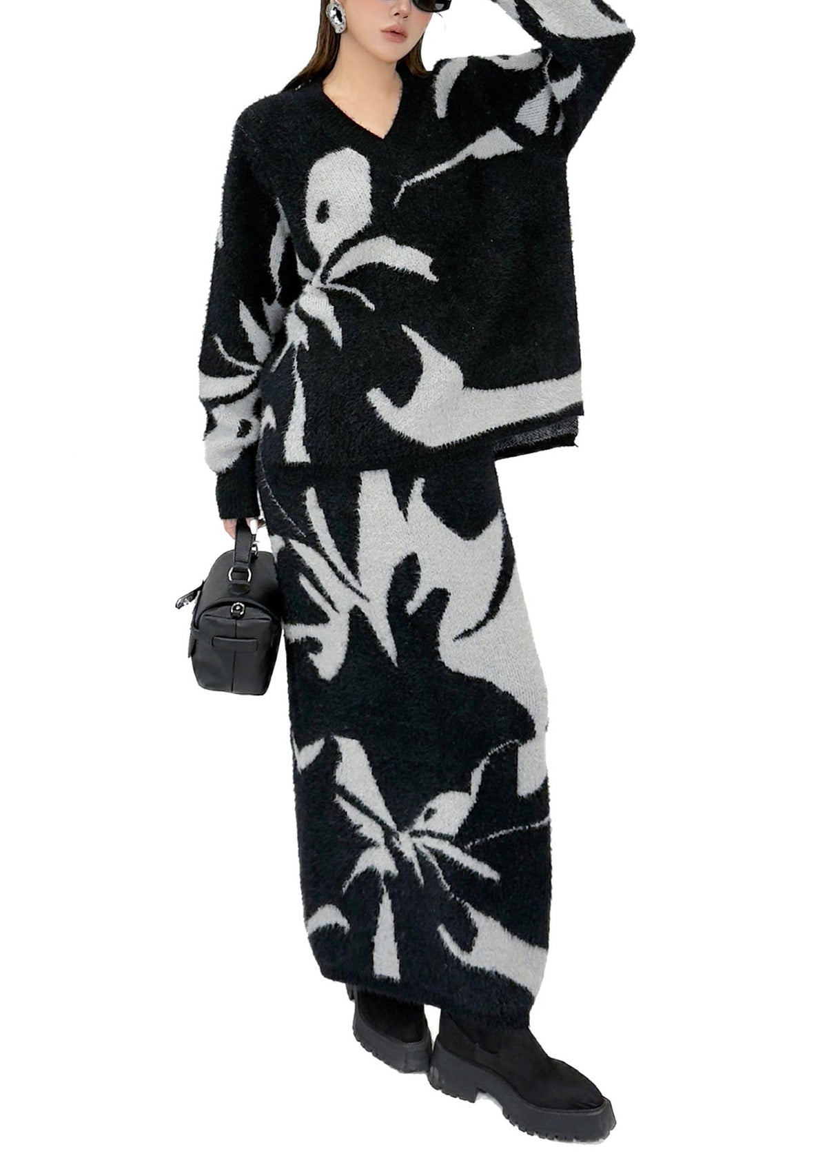 Stylish Black Print Warm Knit Two Pieces Set Winter