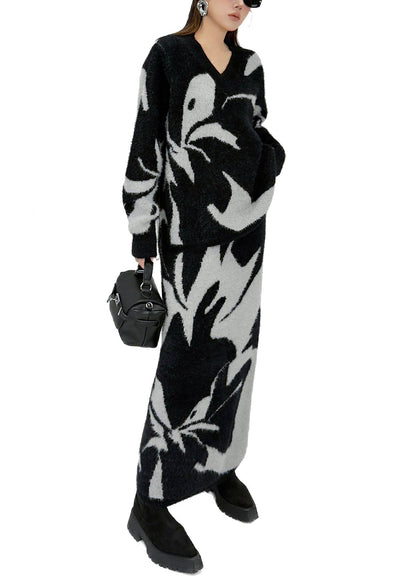 Stylish Black Print Warm Knit Two Pieces Set Winter