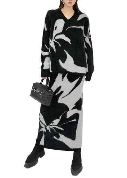 Stylish Black Print Warm Knit Two Pieces Set Winter