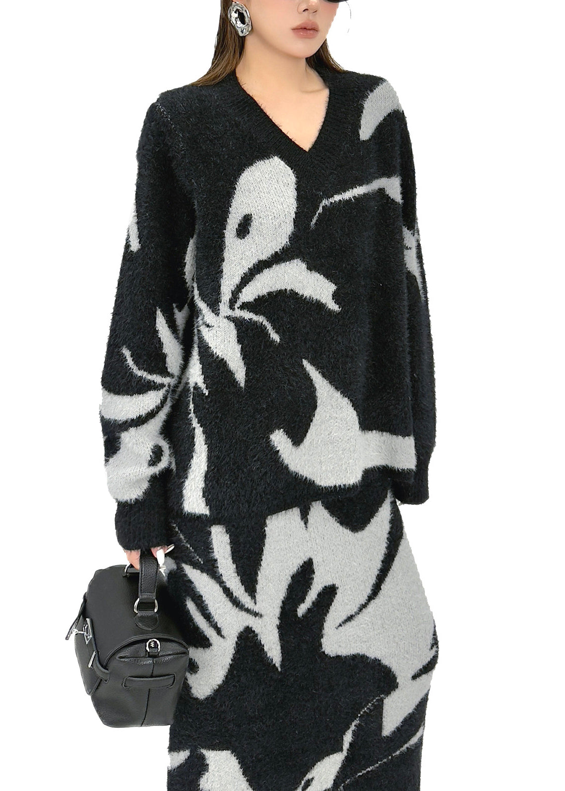 Stylish Black Print Warm Knit Two Pieces Set Winter