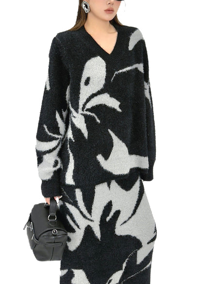 Stylish Black Print Warm Knit Two Pieces Set Winter