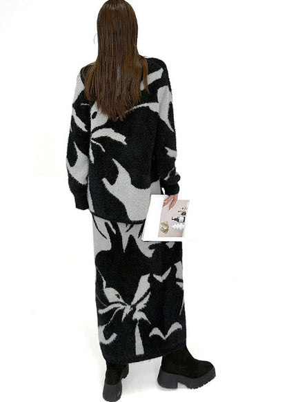 Stylish Black Print Warm Knit Two Pieces Set Winter