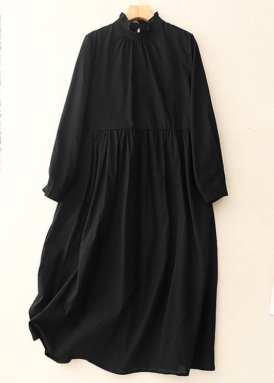 Stylish Black Ruffled Cotton Long Dress Spring