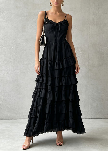 Stylish Black Ruffled Patchwork Cotton Spaghetti Strap Dress Summer