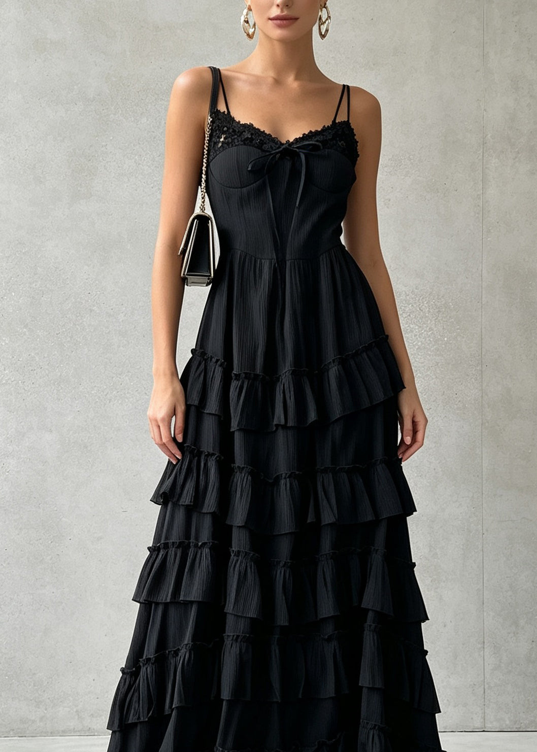 Stylish Black Ruffled Patchwork Cotton Spaghetti Strap Dress Summer