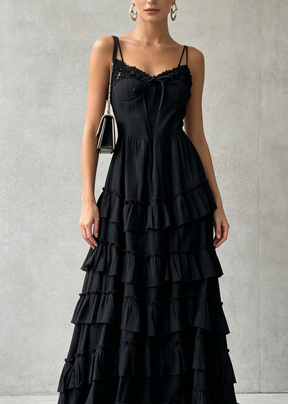 Stylish Black Ruffled Patchwork Cotton Spaghetti Strap Dress Summer
