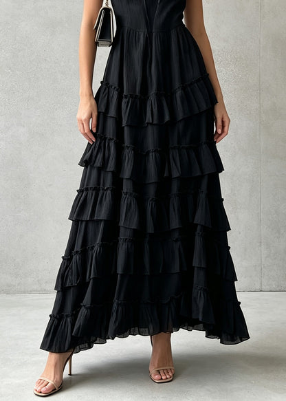Stylish Black Ruffled Patchwork Cotton Spaghetti Strap Dress Summer
