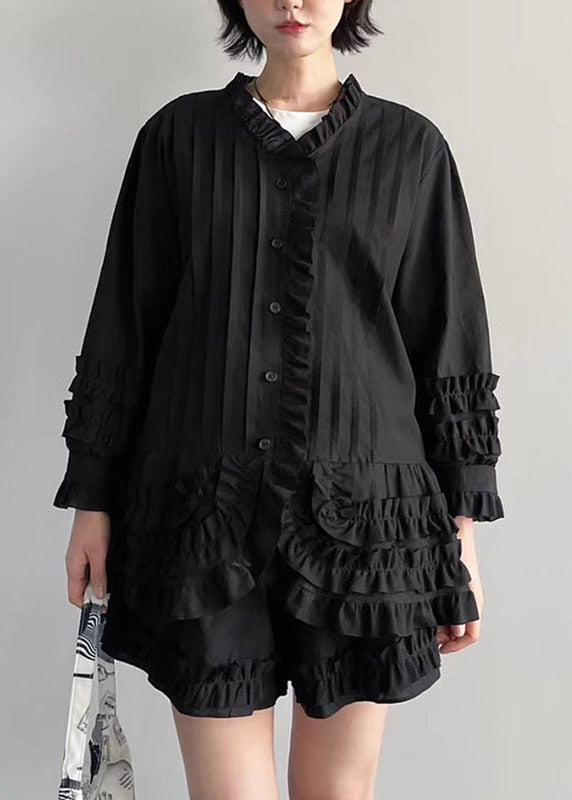 Stylish Black Ruffled Patchwork Solid Shirts And Shorts Two Piece Set Fall