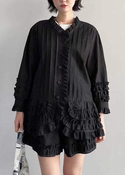 Stylish Black Ruffled Patchwork Solid Shirts And Shorts Two Piece Set Fall