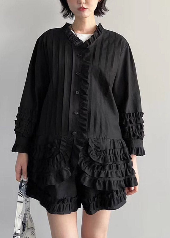 Stylish Black Ruffled Patchwork Solid Shirts And Shorts Two Piece Set Fall