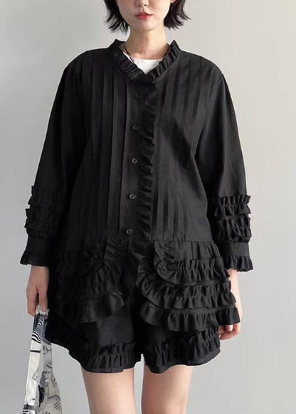 Stylish Black Ruffled Patchwork Solid Shirts And Shorts Two Piece Set Fall