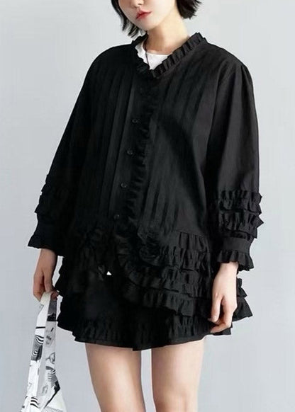 Stylish Black Ruffled Patchwork Solid Shirts And Shorts Two Piece Set Fall