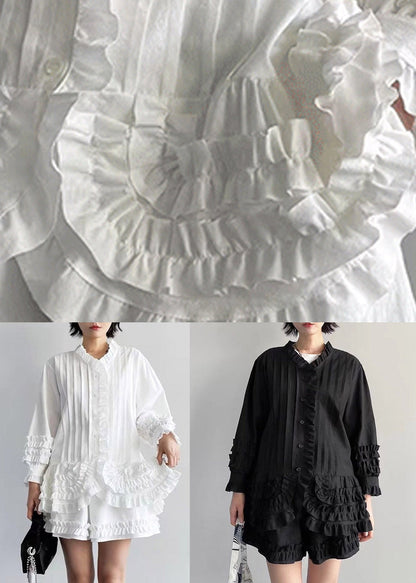 Stylish Black Ruffled Patchwork Solid Shirts And Shorts Two Piece Set Fall