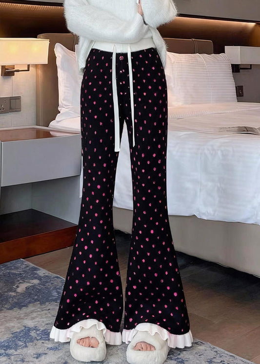 Stylish Black Ruffled Print Knit Flared Trousers Winter