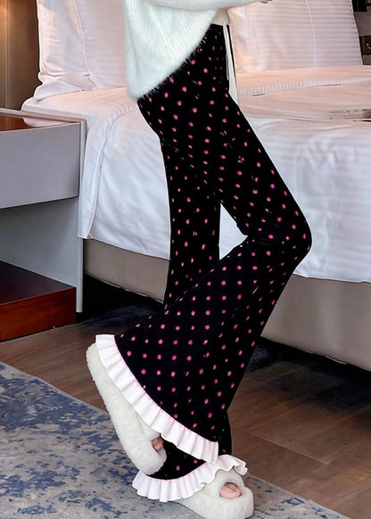 Stylish Black Ruffled Print Knit Flared Trousers Winter