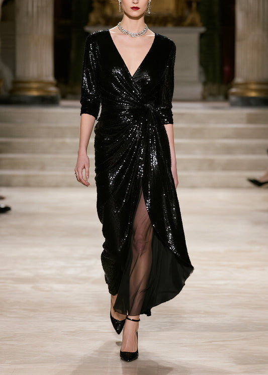 Stylish Black Sequins Patchwork Tulle Wraped Dresses Spring