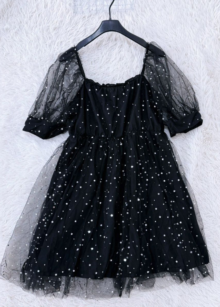 Stylish Black Square Collar Patchwork Tulle Mid Dress Short Sleeve