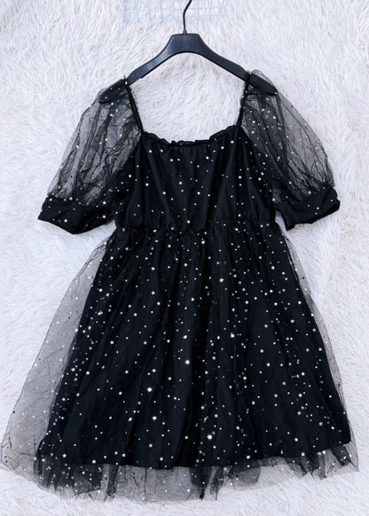 Stylish Black Square Collar Patchwork Tulle Mid Dress Short Sleeve