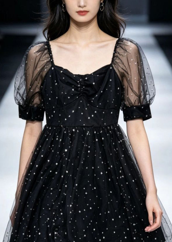 Stylish Black Square Collar Patchwork Tulle Mid Dress Short Sleeve