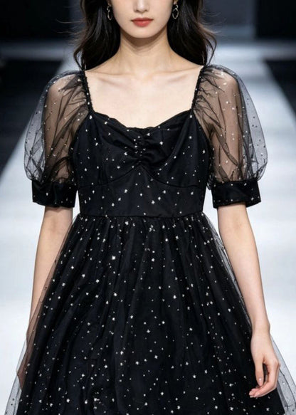 Stylish Black Square Collar Patchwork Tulle Mid Dress Short Sleeve