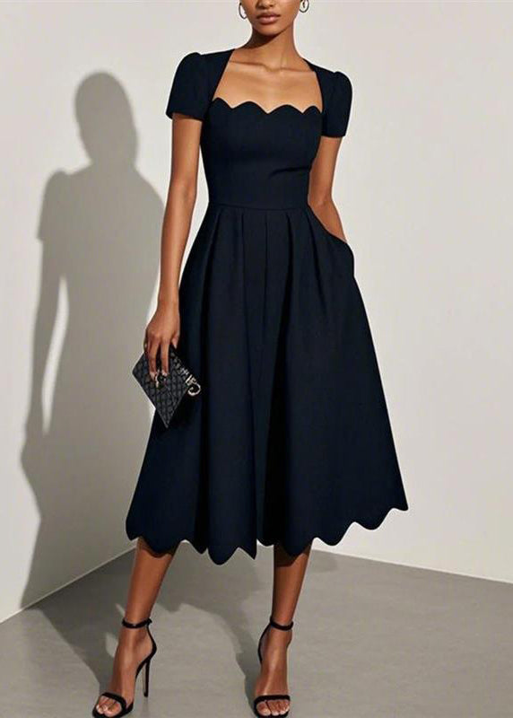 Stylish Black Square-Neck Exra Large Hem Cotton Formal Dresses Summer