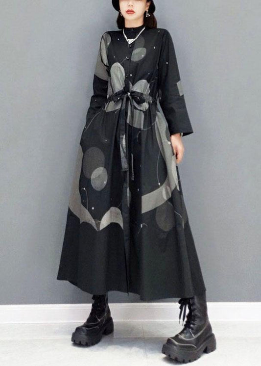 Stylish Black Stand Button Dresses Fall Long Sleeve - SooLinen