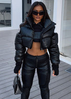 Stylish Black Stand Collar Cold Shoulder Fine Cotton Filled Jackets Winter