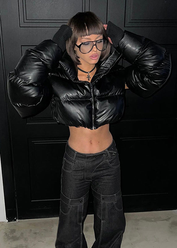 Stylish Black Stand Collar Cold Shoulder Fine Cotton Filled Jackets Winter