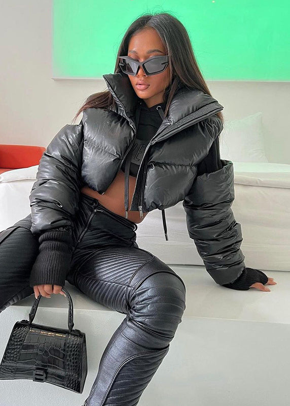 Stylish Black Stand Collar Cold Shoulder Fine Cotton Filled Jackets Winter