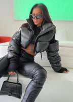 Stylish Black Stand Collar Cold Shoulder Fine Cotton Filled Jackets Winter