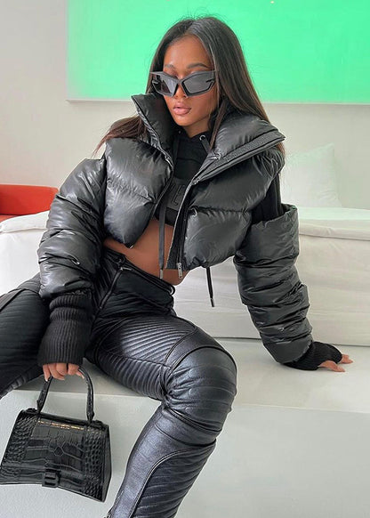 Stylish Black Stand Collar Cold Shoulder Fine Cotton Filled Jackets Winter
