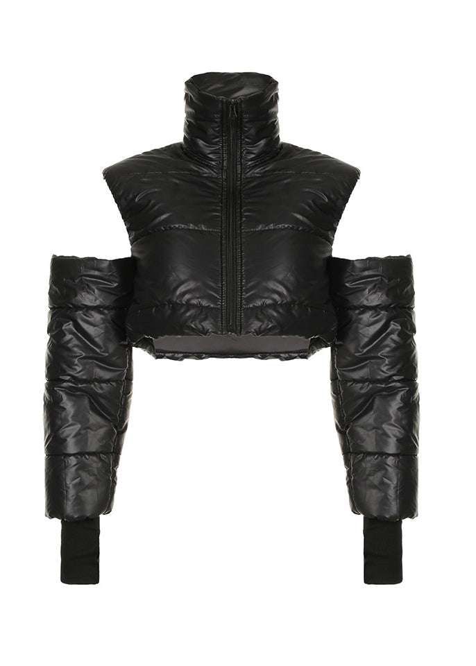 Stylish Black Stand Collar Cold Shoulder Fine Cotton Filled Jackets Winter