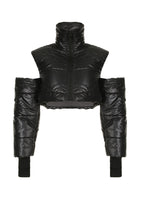 Stylish Black Stand Collar Cold Shoulder Fine Cotton Filled Jackets Winter