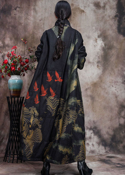 Stylish Black Stand Collar Oversized Print Pockets Fine Cotton Filled Puffer Wool Coats Winter