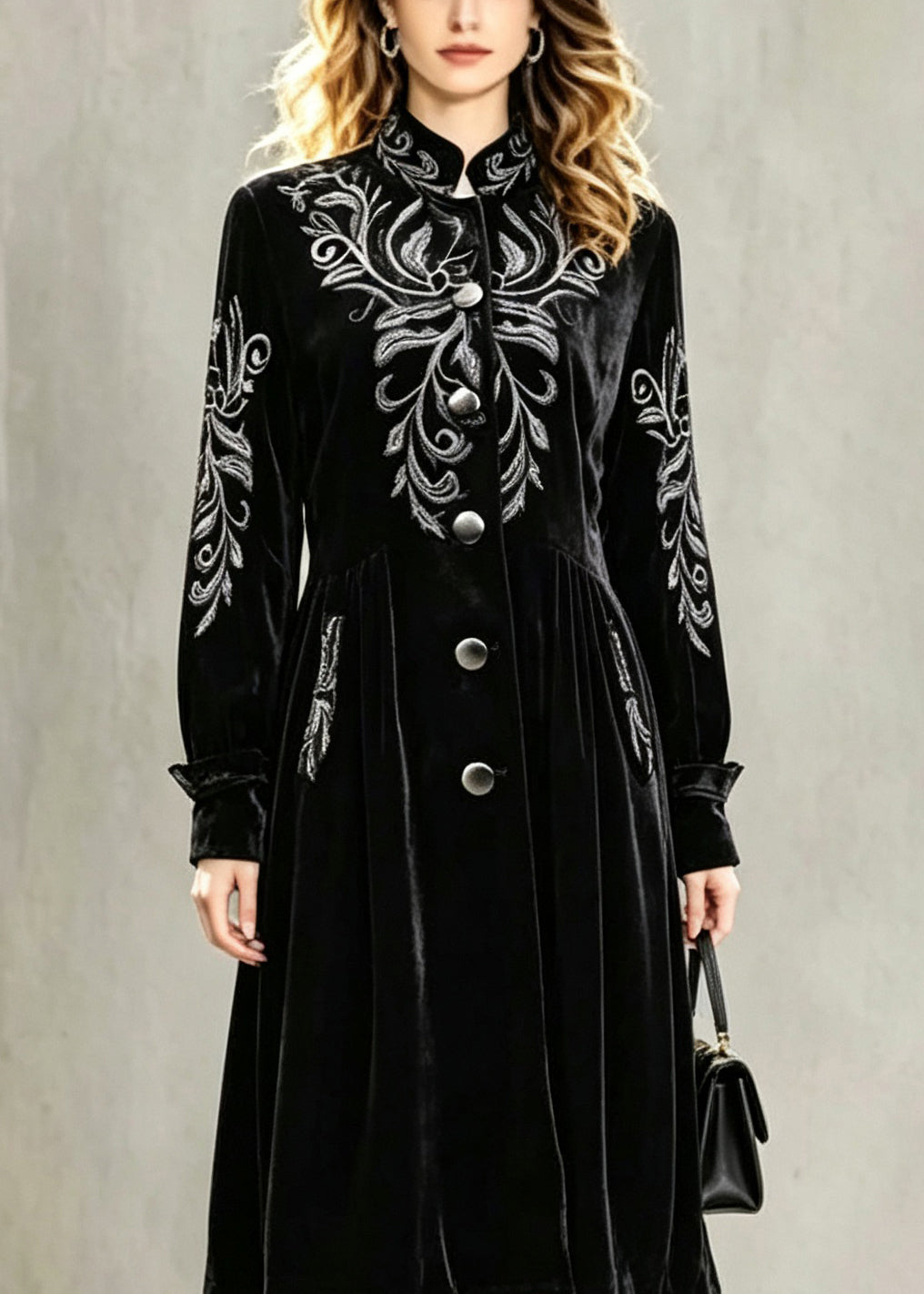 Stylish Black Stand Collar Patchwork Silk Velvet Long Trench Coat Lantern Sleeve