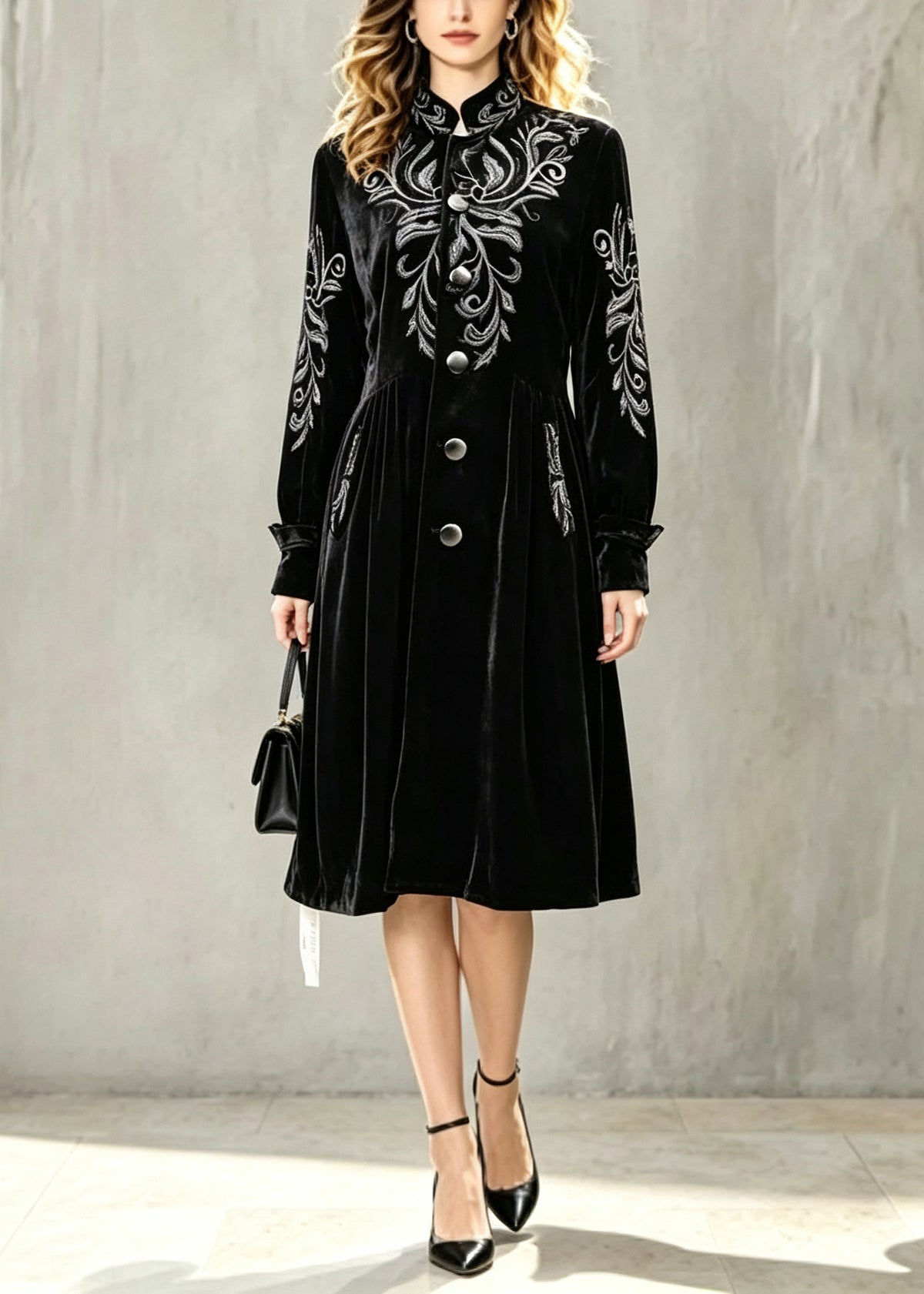 Stylish Black Stand Collar Patchwork Silk Velvet Long Trench Coat Lantern Sleeve