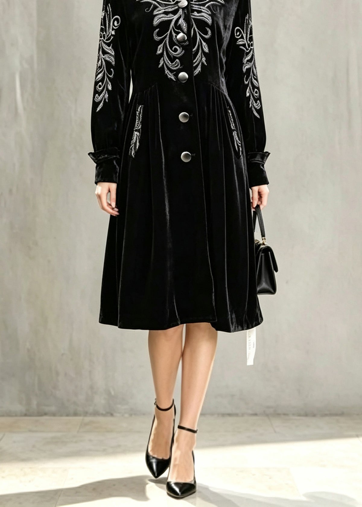 Stylish Black Stand Collar Patchwork Silk Velvet Long Trench Coat Lantern Sleeve