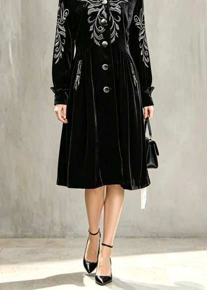 Stylish Black Stand Collar Patchwork Silk Velvet Long Trench Coat Lantern Sleeve