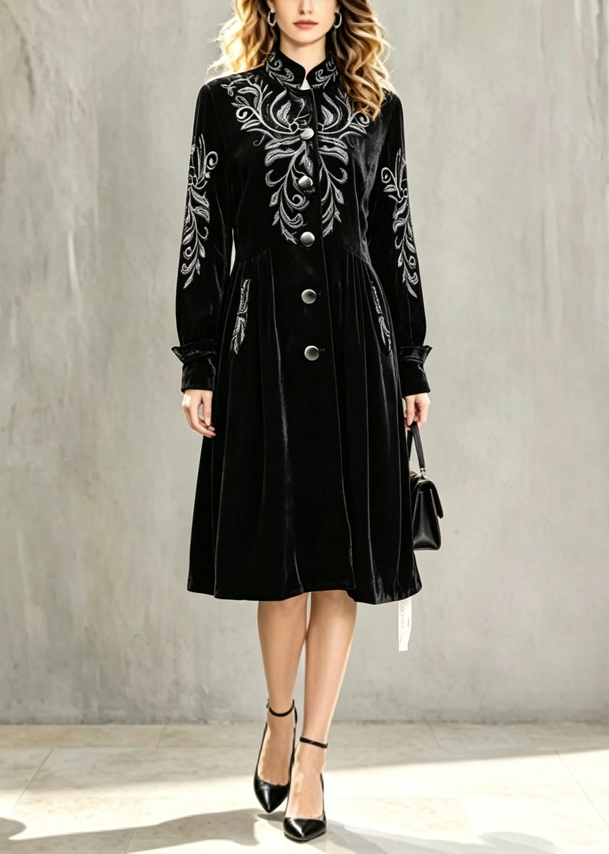 Stylish Black Stand Collar Patchwork Silk Velvet Long Trench Coat Lantern Sleeve